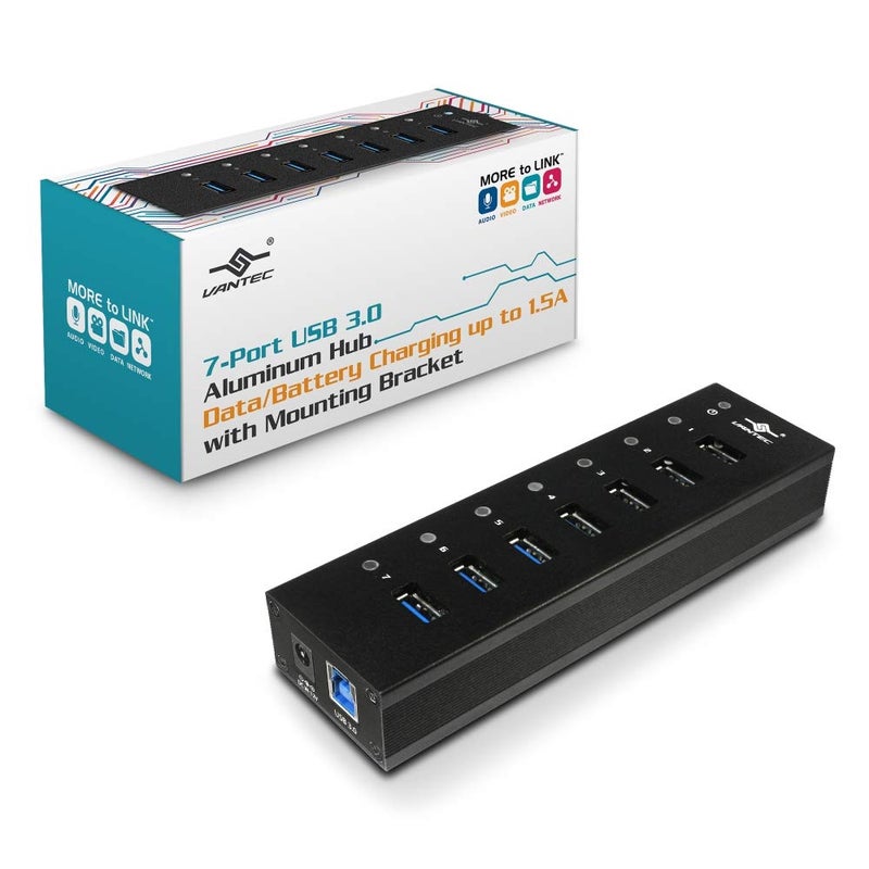 Vantec 7-Port USB 3.0 Hub, Aluminum, Full Powered, Mountable, with All Ports Data & Charging Up to 1.5A, BC 1.2, Premium 12V/3A, 36W Power Adapter (UGT-AH710U3-BK),Black - Image 1
